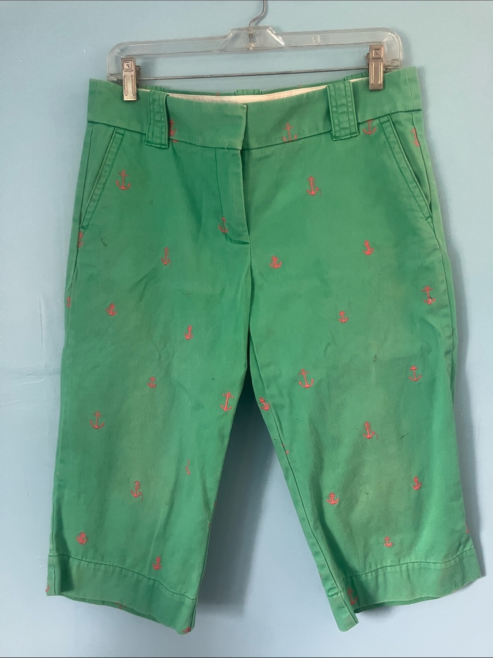 J. Crew Green Chino Pedal Pushers with Coral Stitching